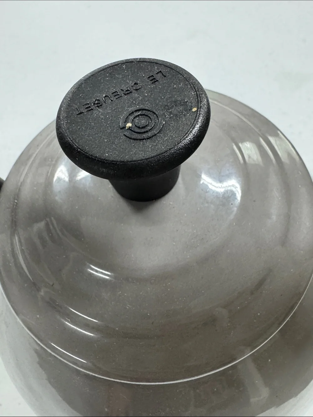 Le Creuset Gray Enamel Whistling Tea Kettle with Black Handle